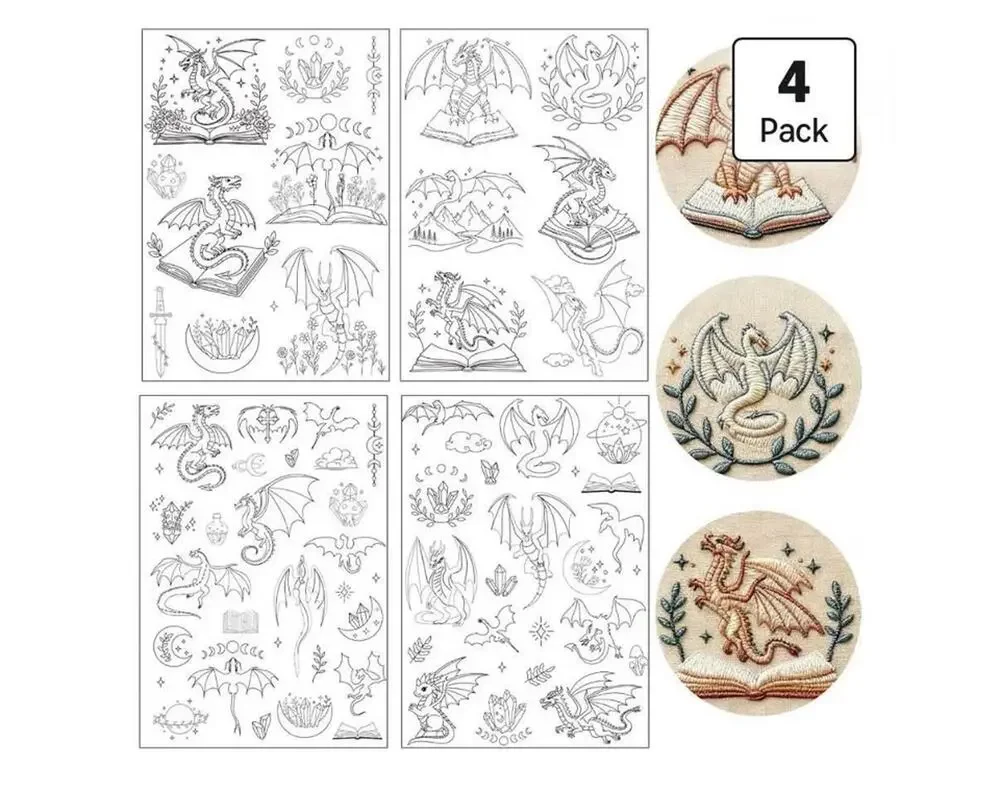 4-Pack Dragon Stick and Stitch Embroidery Paper